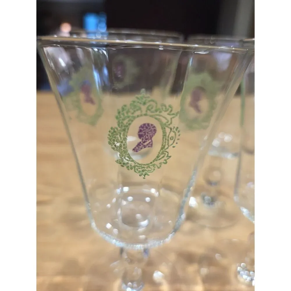 Vintage Cameo Silhouette Water Wine Goblets Set of 4 Green Filigree Clear Glass